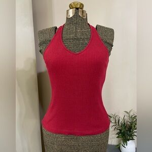 Vintage Maroon Red Ribbed Halter Tank Top Cami Cotton Shelf Bra Y2K Basic Size M